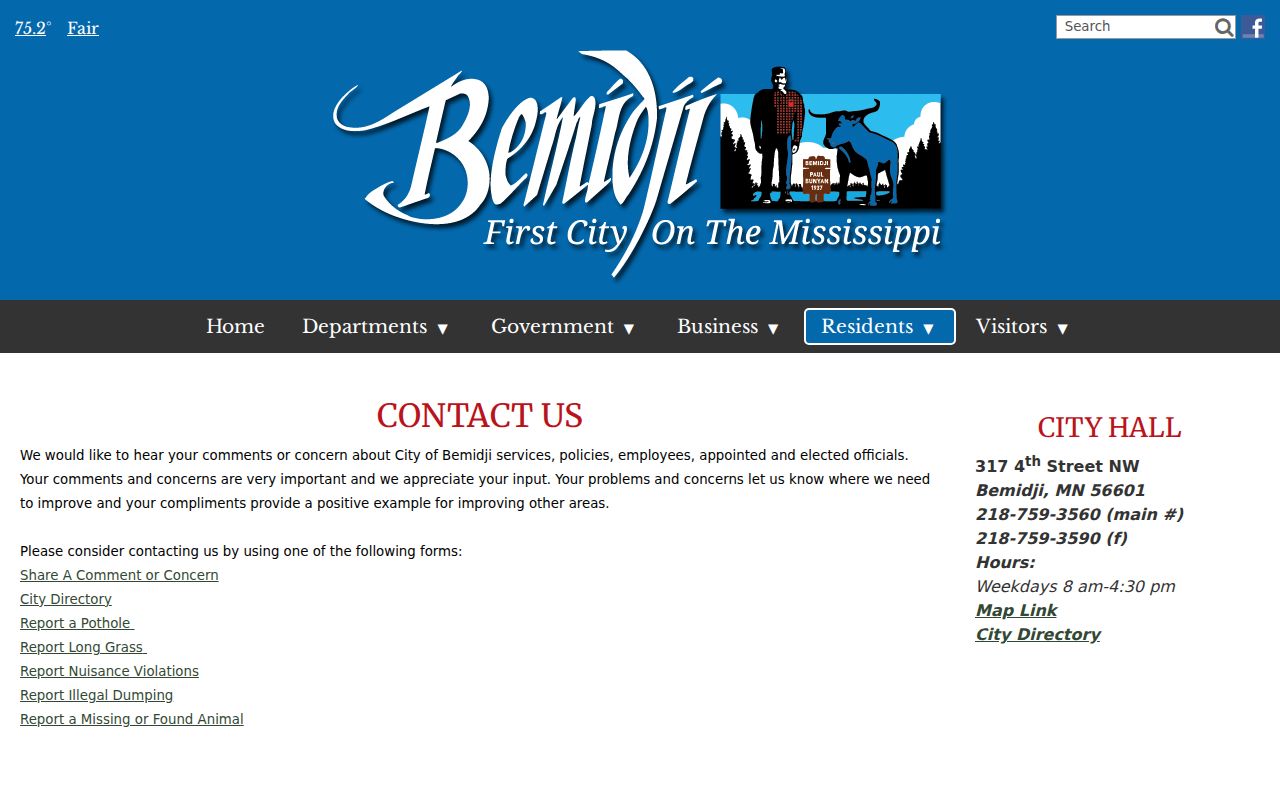 Bemidji warrant records: Bemidji City Hall address and hours page