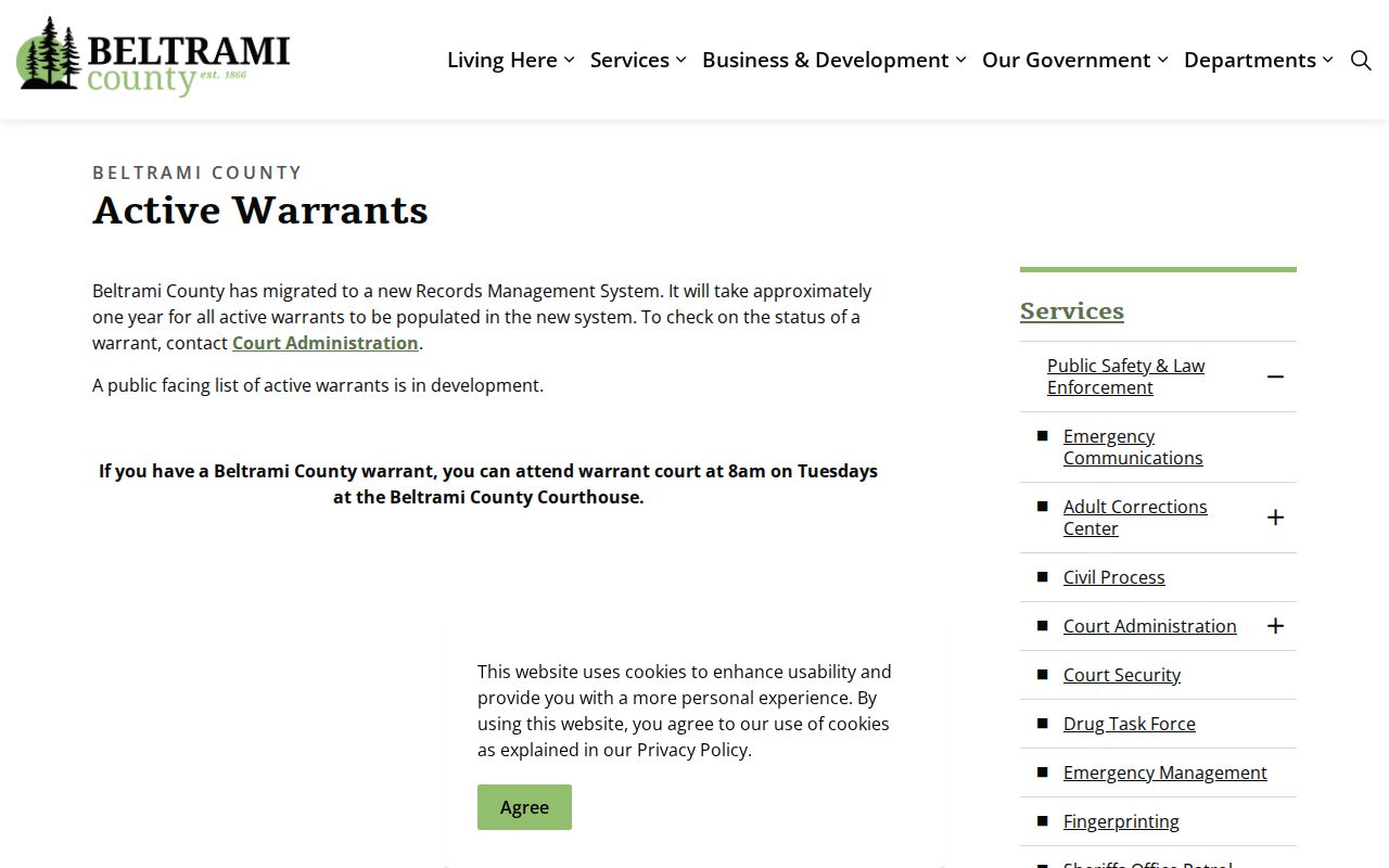 Beltrami County warrant records: Active Warrants page showing the records migration notice